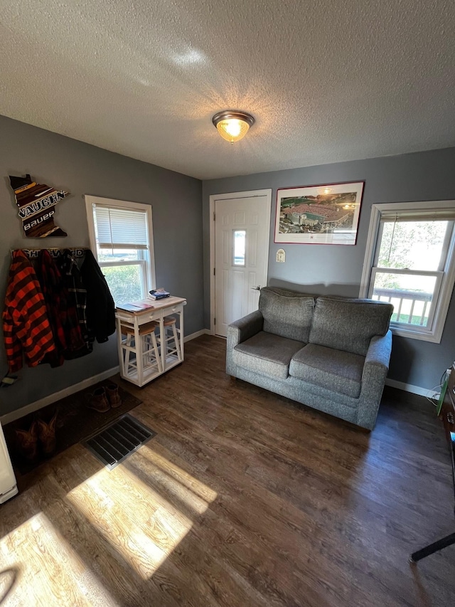 living room featuring a textured ceiling, wood finished floors, healthy amount of natural light, and baseboards