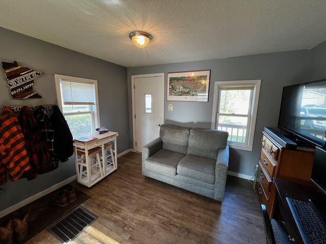 living room featuring dark wood finished floors, healthy amount of natural light, a textured ceiling, and baseboards