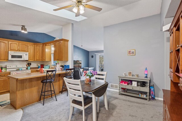 dining room featuring a textured ceiling, ceiling fan, and vaulted ceiling