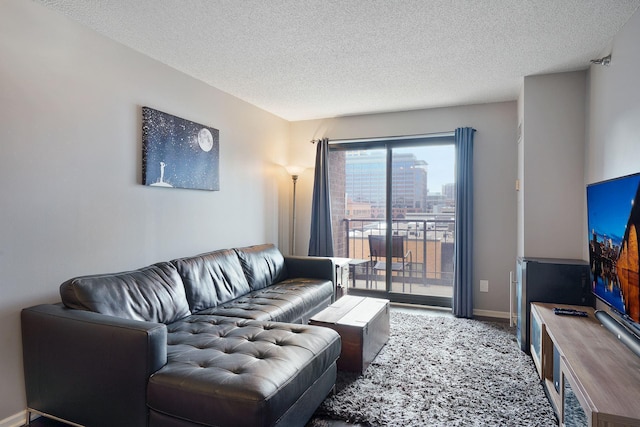 living room featuring carpet floors, a textured ceiling, and baseboards