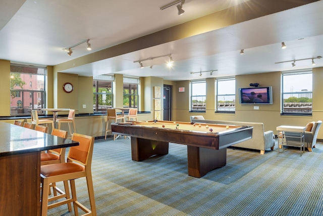 playroom with baseboards, track lighting, billiards, and carpet