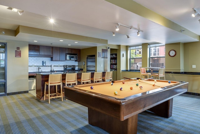 playroom featuring track lighting, billiards, baseboards, and light colored carpet