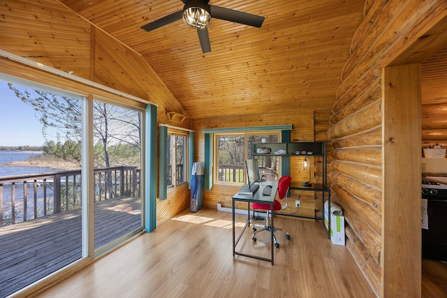 23920 Camp Dr, Daniels Twp, WI 54872 - workout room with vaulted ceiling, a water view, ceiling fan, wood ceiling, and wood finished floors