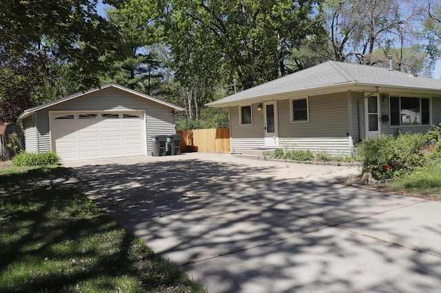 10424 Washburn Ave S, Bloomington, MN 55431 - ranch-style house with a detached garage, driveway, fence, an outbuilding, and roof with shingles