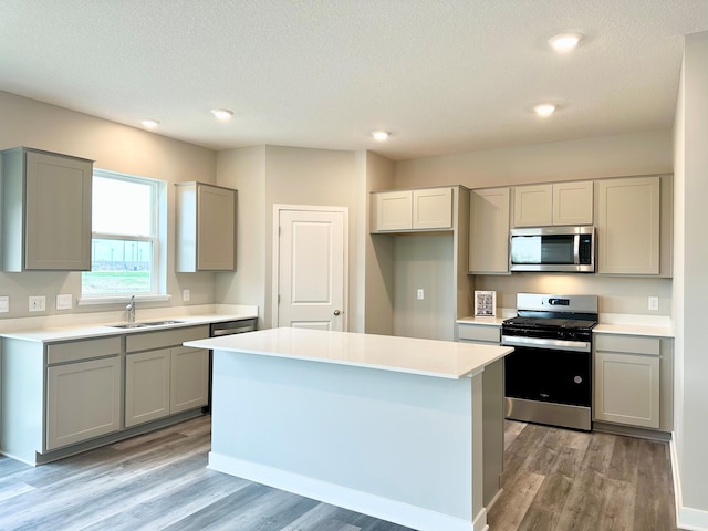 kitchen with gray cabinets, appliances with stainless steel finishes, and a sink