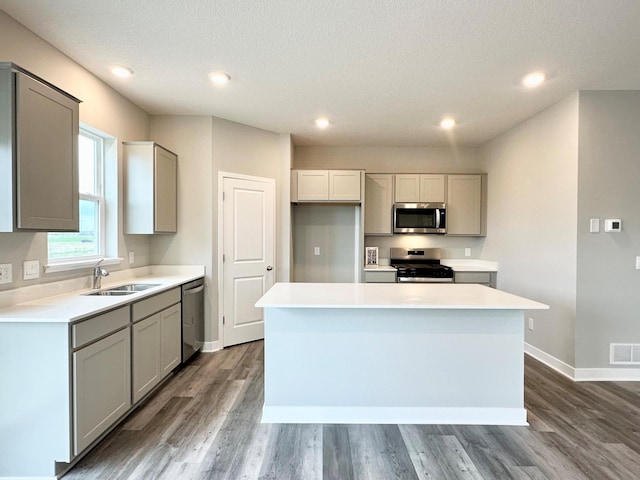 kitchen featuring appliances with stainless steel finishes, a sink, gray cabinets, a center island, and wood finished floors