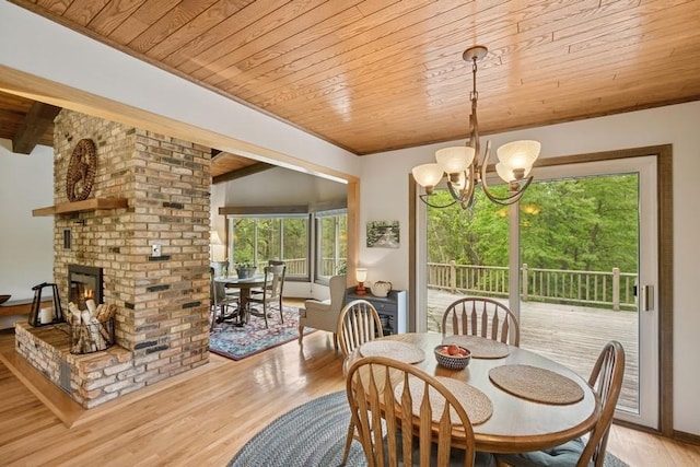 16523 243rd Ave NW, Orrock Twp, MN 55309 - dining space featuring wooden ceiling, wood finished floors, a chandelier, and a fireplace
