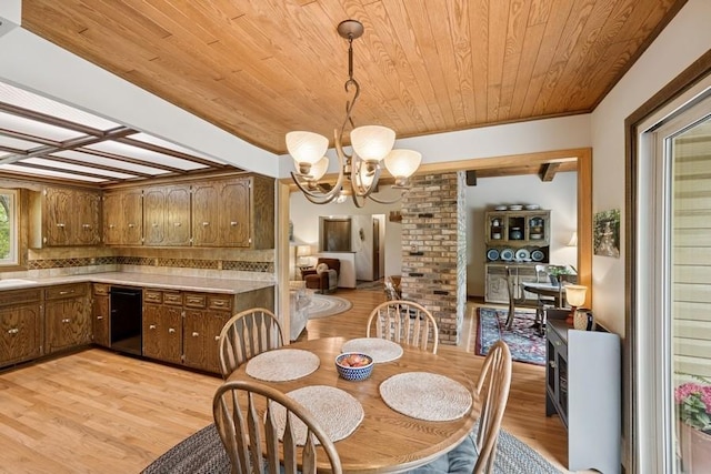 16523 243rd Ave NW, Orrock Twp, MN 55309 - dining space featuring a chandelier, light wood-style floors, and wood ceiling
