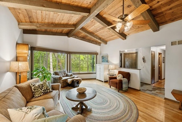 16523 243rd Ave NW, Orrock Twp, MN 55309 - living room with wood ceiling, a ceiling fan, and light wood-style flooring