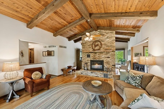16523 243rd Ave NW, Orrock Twp, MN 55309 - living area with wood finished floors, a ceiling fan, wood ceiling, and a fireplace