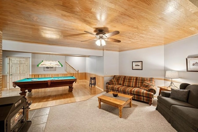 16523 243rd Ave NW, Orrock Twp, MN 55309 - game room featuring wooden ceiling, billiards table, wainscoting, ceiling fan, and carpet