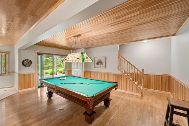 16523 243rd Ave NW, Orrock Twp, MN 55309 - rec room with wood finished floors, wooden ceiling, healthy amount of natural light, wainscoting, and billiards
