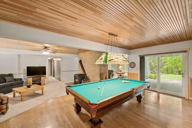 16523 243rd Ave NW, Orrock Twp, MN 55309 - playroom with pool table, wood finished floors, wooden ceiling, wainscoting, and a wood stove