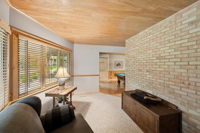 16523 243rd Ave NW, Orrock Twp, MN 55309 - living area with wooden ceiling, pool table, carpet floors, brick wall, and ornamental molding