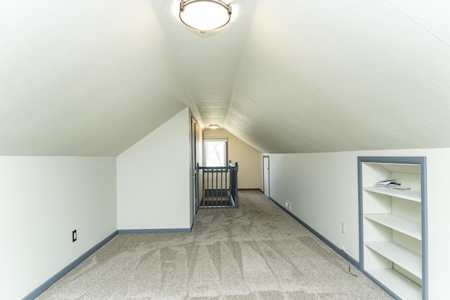 additional living space featuring baseboards, carpet, and vaulted ceiling