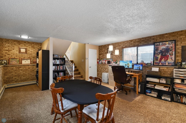 interior space with stairway, a textured ceiling, and brick wall
