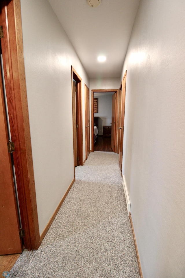 hall featuring baseboards and light carpet