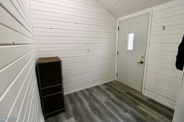 entrance foyer featuring wood walls, dark wood-style flooring, and lofted ceiling