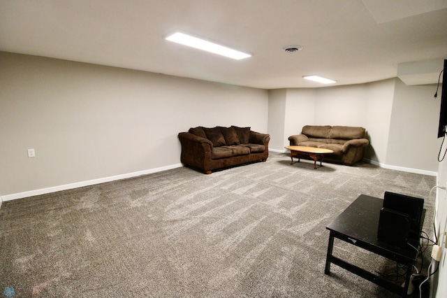 living room featuring carpet floors, baseboards, and visible vents
