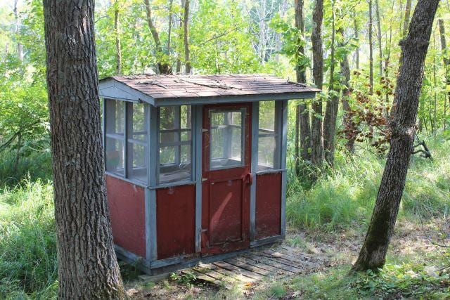 view of outbuilding with a forest view and an outdoor structure