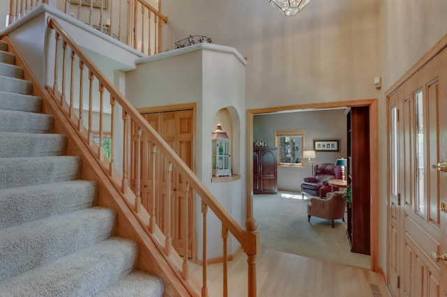 staircase with a high ceiling, carpet flooring, and wood finished floors