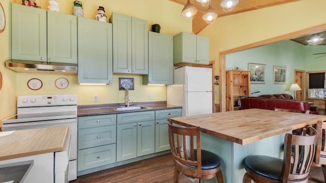 kitchen featuring a sink, white appliances, open floor plan, under cabinet range hood, and butcher block counters