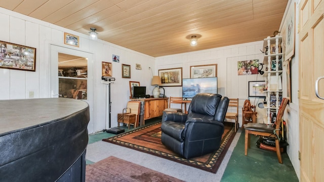 living area featuring wooden walls and wooden ceiling