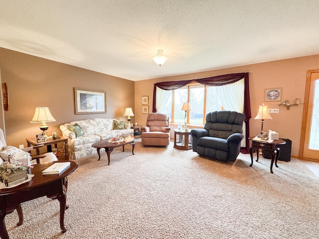 living room featuring carpet floors and a textured ceiling