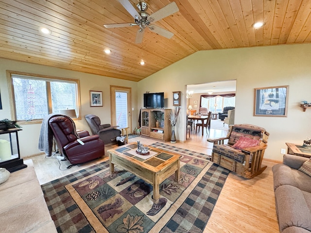 living area featuring recessed lighting, wood ceiling, ceiling fan, and vaulted ceiling
