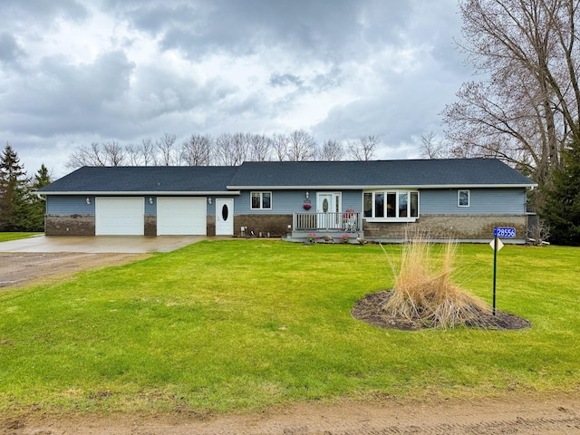 single story home with brick siding, an attached garage, a front yard, and dirt driveway