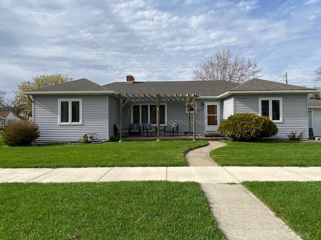 single story home with a pergola, a chimney, a patio area, and a front yard