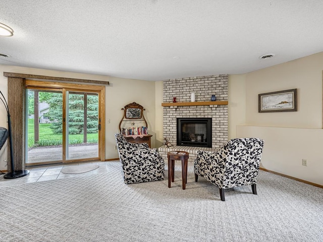 8918 Prestwick Pkwy N, Brooklyn Park, MN 55443 - carpeted living room featuring a textured ceiling and a brick fireplace
