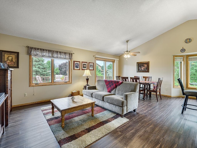 8918 Prestwick Pkwy N, Brooklyn Park, MN 55443 - living room with dark wood finished floors, a ceiling fan, vaulted ceiling, and a textured ceiling