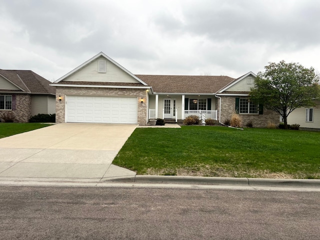 ranch-style house featuring covered porch, driveway, brick siding, a front lawn, and an attached garage