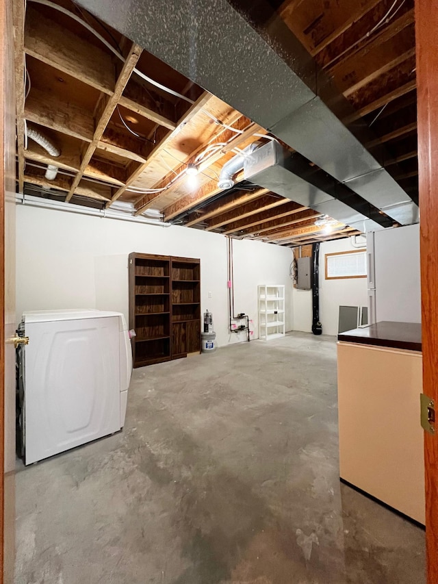 1647 8th Ave, Granite Falls, MN 56241 - unfinished basement featuring washer / clothes dryer, refrigerator, freestanding refrigerator, and electric panel