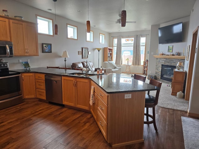 kitchen with a ceiling fan, stainless steel appliances, open floor plan, and dark wood-style floors