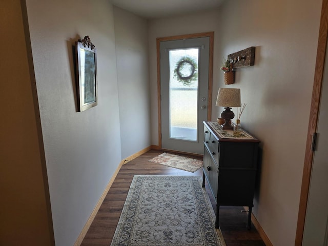 entryway featuring baseboards and dark wood-type flooring