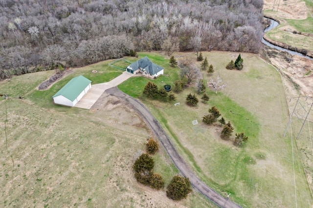 birds eye view of property with a water view and a forest view