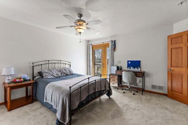 bedroom with access to outside, light carpet, a ceiling fan, baseboards, and visible vents