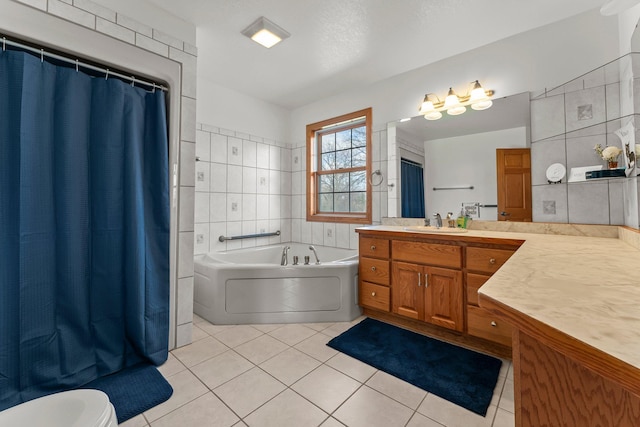 bathroom with a garden tub, vanity, curtained shower, toilet, and tile patterned floors