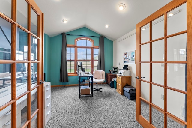 carpeted home office featuring vaulted ceiling, french doors, and recessed lighting