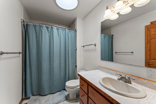bathroom featuring vanity, tile patterned floors, toilet, and a shower with shower curtain