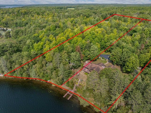 birds eye view of property featuring a water view and a wooded view
