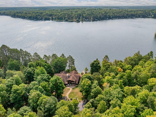 aerial view with a water view and a wooded view