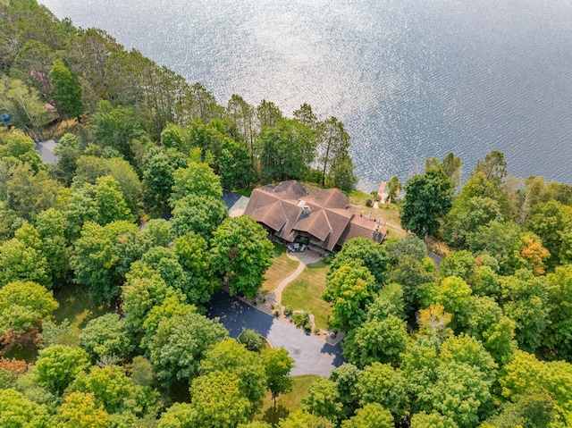 drone / aerial view with a wooded view