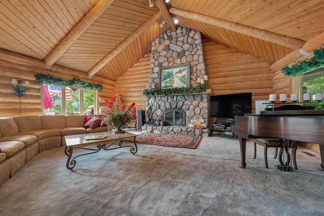 carpeted living area featuring wood ceiling, a fireplace, high vaulted ceiling, beamed ceiling, and log walls
