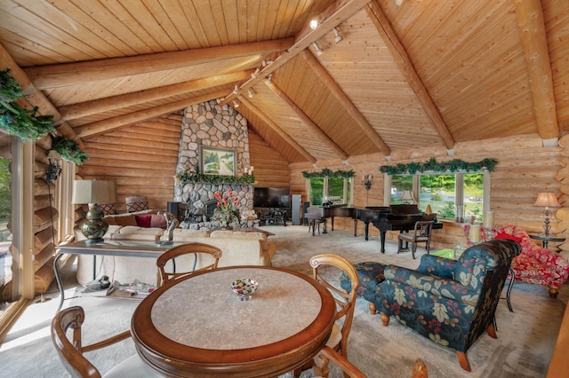carpeted dining space featuring log walls, lofted ceiling with beams, and wood ceiling