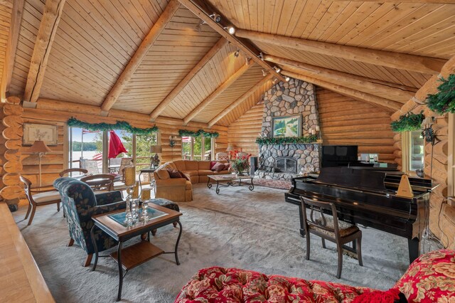 living area with wooden ceiling, log walls, and plenty of natural light