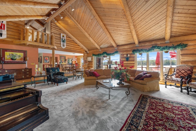 living room with wooden ceiling, carpet flooring, log walls, and beam ceiling