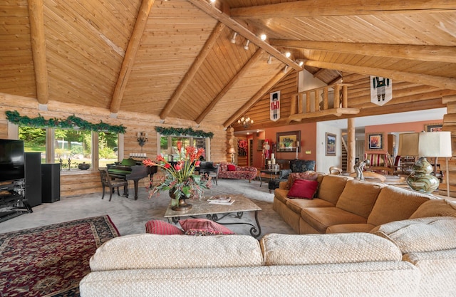 living room with carpet floors, high vaulted ceiling, wooden ceiling, and beam ceiling